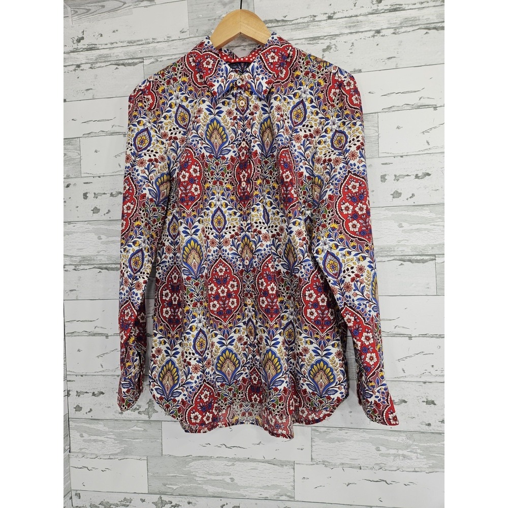 Talbots Womens L Red Blue Paisley Floral Cotton Button Down Shirt Polka Dot Trim